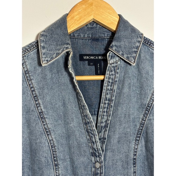Veronica Beard Catherine Denim Flounce Mini Dress Blue Snap Front Womens Size 00 - Picture 3 of 11